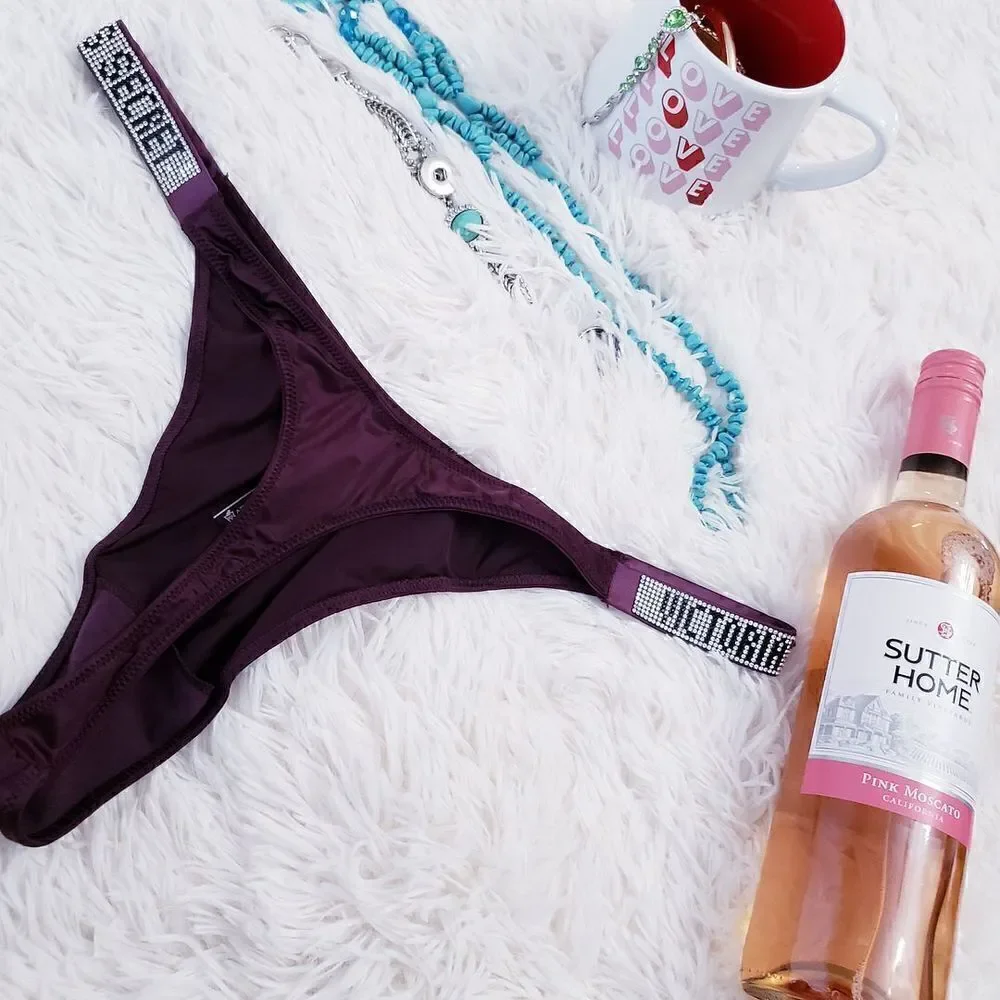 Victoria's Secret THONG XLARGE Orchid Rhinestones VS Logo Crystals Very Sexy